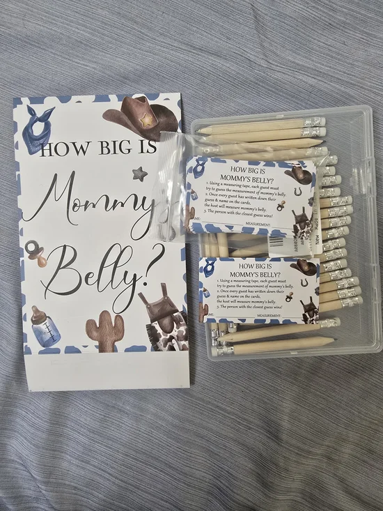 How Big Is Mommy Belly? Baby Shower Game Set - Blue Cowhide Theme