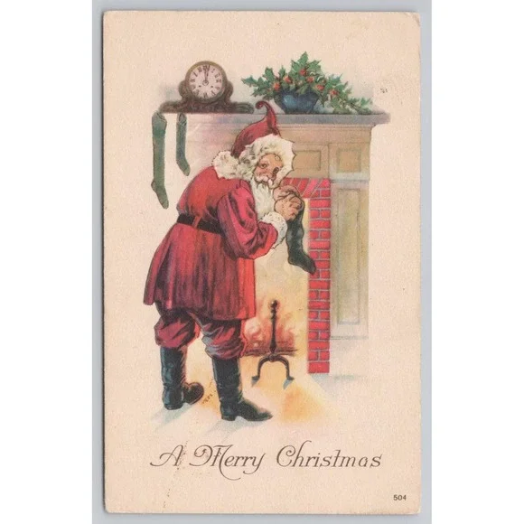 Vintage Santa Postcard Filling Stockings 1923 Merry Christmas Sellersville PA