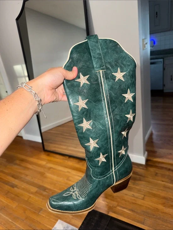 Green Star Embroidered Knee-High Western Boots