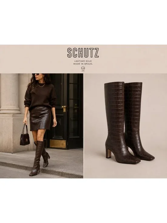 SCHUTZ Brown Croc Embossed Leather Knee High Boots Square Toe 6.5B Brazil