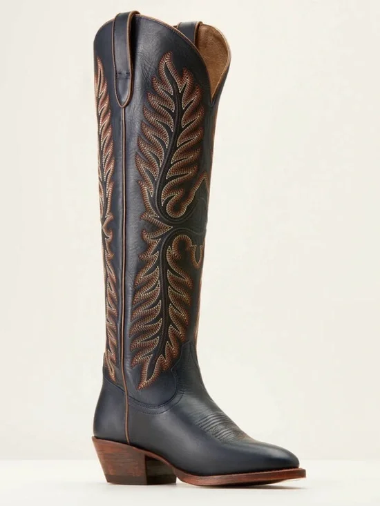 Ariat Navy Leather Tall Western Boots with Brown Stitching