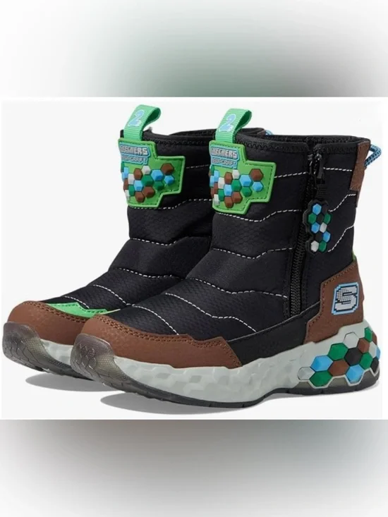 Skechers Minecraft Kids Black, Brown & Green Rain/Snow Boots Size 3.5