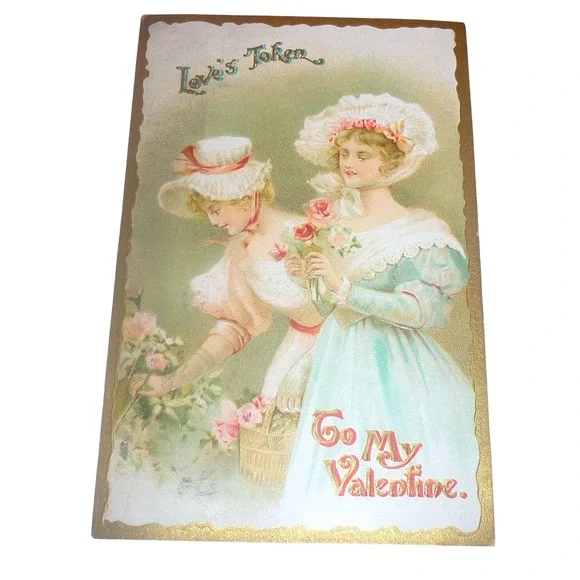 Vintage 1915 Valentine Postcard Love's Token Victorian Women Embossed Germany