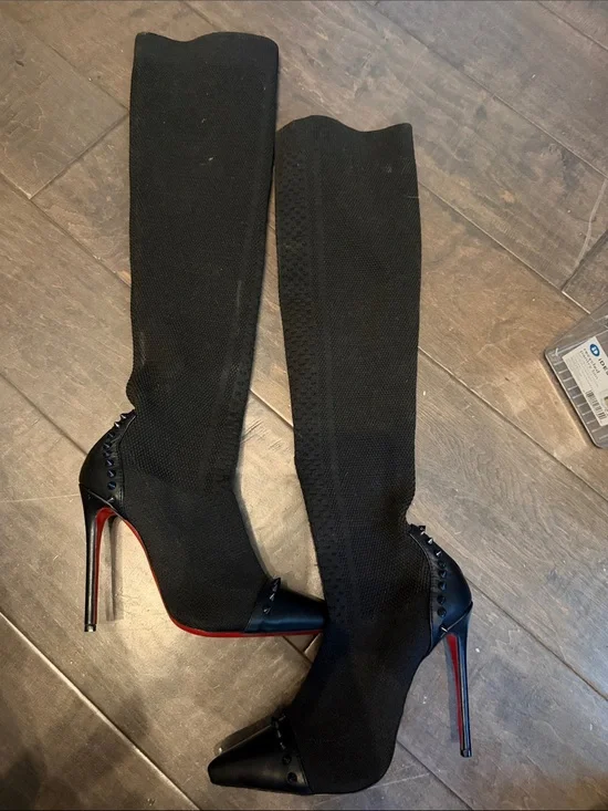 Red bottoms Black Knee-High Stiletto Boot with Red Sole inspired