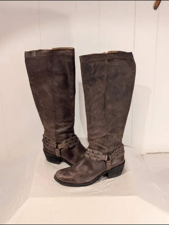 ANTONIO MELANI Brown Tall Leather Boots with Harness Detail