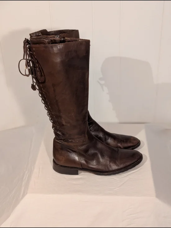 Handmade Over-the-Knee Lace-Up Leather Boots in Dark Brown