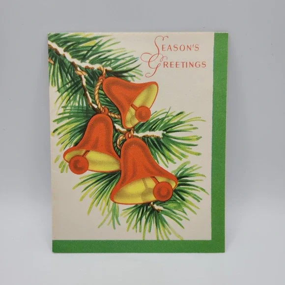 Vintage Season's Greetings Christmas Card Bells Holiday USA Made‎