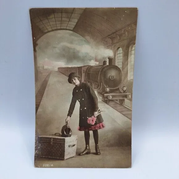 Antique Postcard Girl Suitcase Train Station 228/4 Early 1900s Sepia Tint Europe