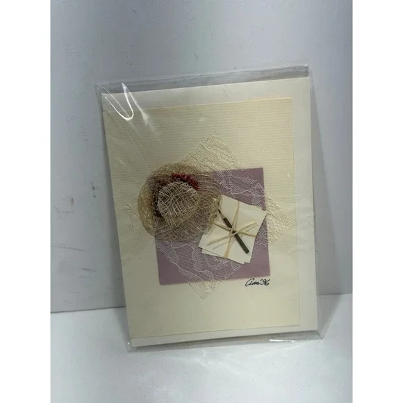Vintage 1996 Handcrafted 3D Mixed Media Greeting Card Mini Straw Hat Lace Signed