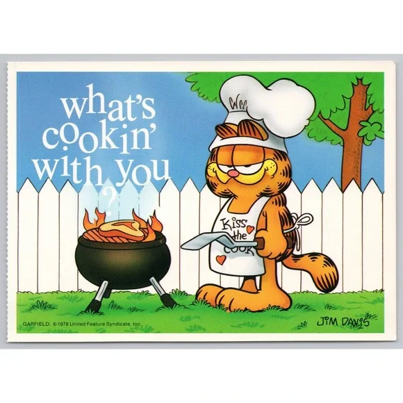 Vintage Garfield Postcard 1978 Jim Davis Whats Cookin With You BBQ Chef B1-12