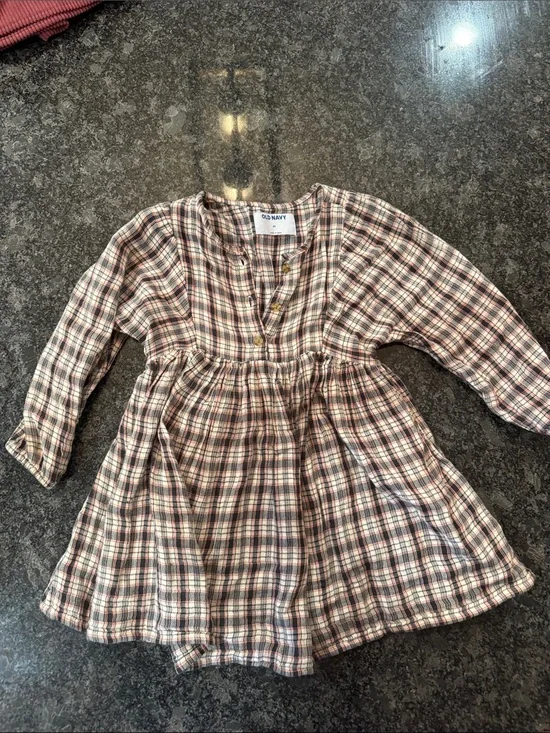 Old Navy Plaid Long-Sleeve Dress in Brown and Cream