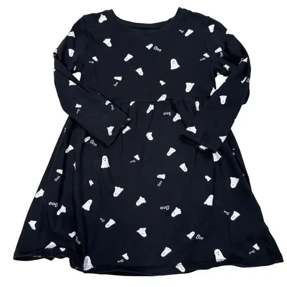 Old Navy Girls Long Sleeve Halloween Ghost Dress Black White Boo Print Size 3T