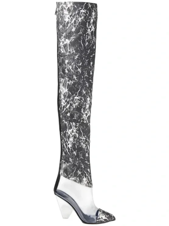 Balmain Black and White Marble Over-the-Knee Pointed Boot