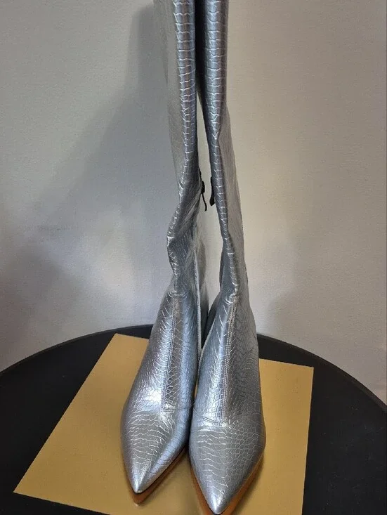 Silver Croc-Embossed Knee-High Boots - Women's Fashion