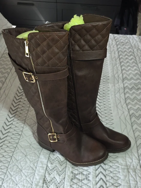 Global Win Quilted  Riding Boots - Dark Brown with Gold Accents