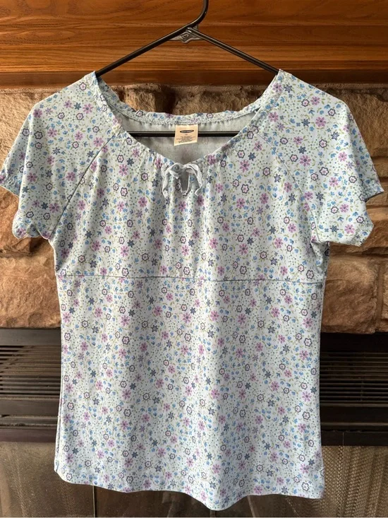 Girls Old Navy Light Blue Floral Tie-Front Short Sleeve Top
