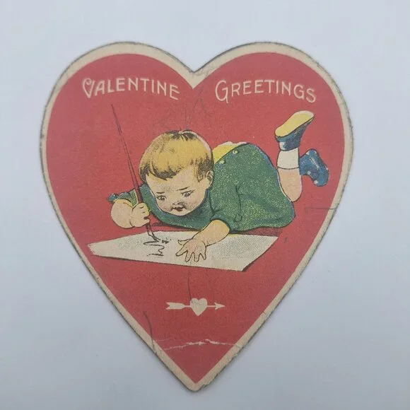 Vintage Valentine Heart Shaped Greeting Card Child‎ Writing Art Deco Era
