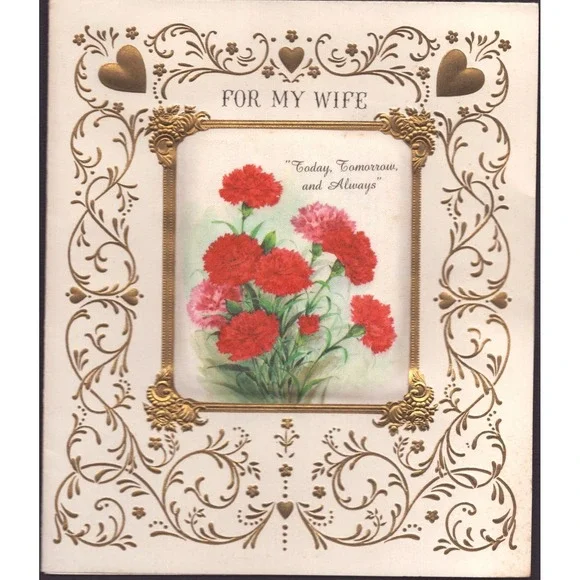 Vintage Hallmark Valentines Day Card For My Wife Gold Foil Carnations 50V 589-7