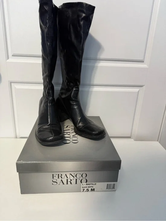 Vintage Y2K Franco Sarto Black Knee-High Leather Block-Heel Boots