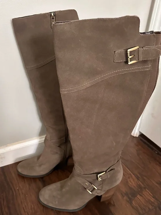 GUESS Taupe Suede Over-the-Knee Boots with Gold Buckles