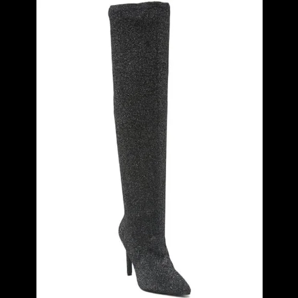 LAUREN LORRAINE Jenny OTK Boots Black‎ Shimmer Stretch sz 6