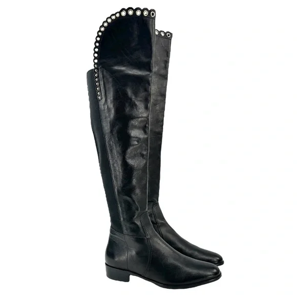 LK Bennett Black Leather Grommet Detail Over the Knee Flat Tall Riding Boots