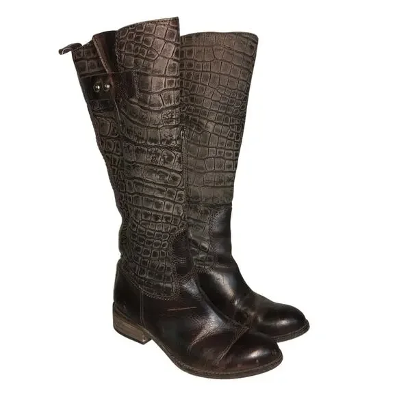 Lucchese Spirit Bailey Croc Embossed Leather Riding Boot Womens 6 Brown Tall