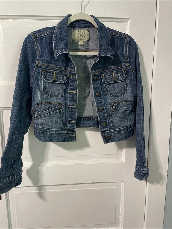 Old Navy Dark Blue Cropped distressed Denim Jacket kids medium