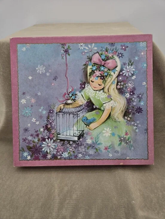 Vintage 1960s Greeting Card Box Girl with Bird