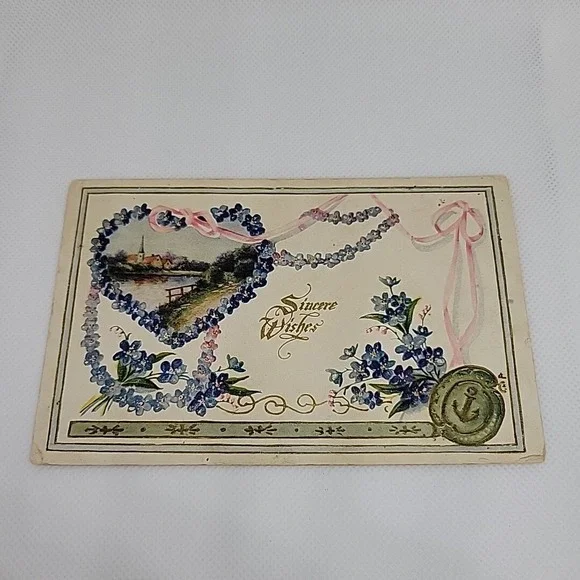 Vintage Sincere Wishes Victorian Postcard Floral Heart Anchor Seal Posted SD