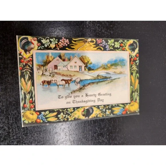 Antique Thanksgiving Greeting Card VTG Pastoral Farmhouse‎ Turkey Harvest Scene