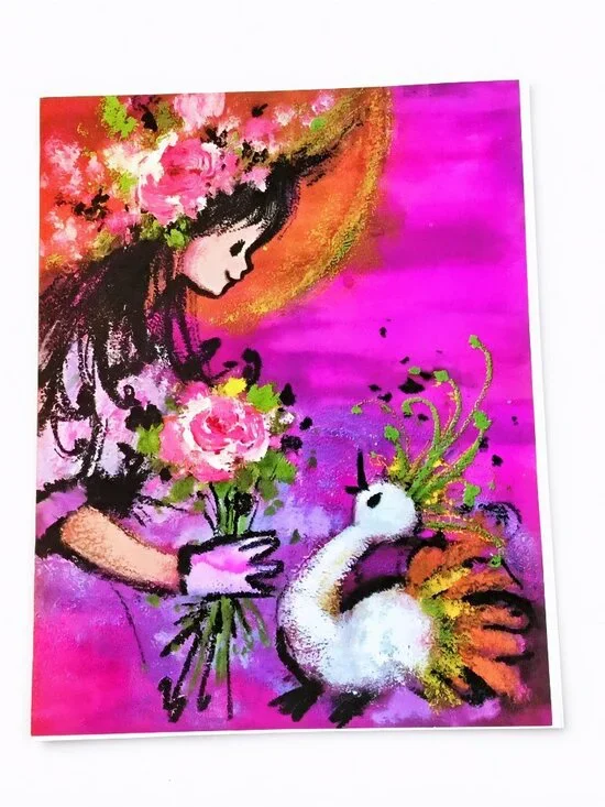 Thinking of You Greeting Card, Girl & Bird Floral Design, Vintage Creations