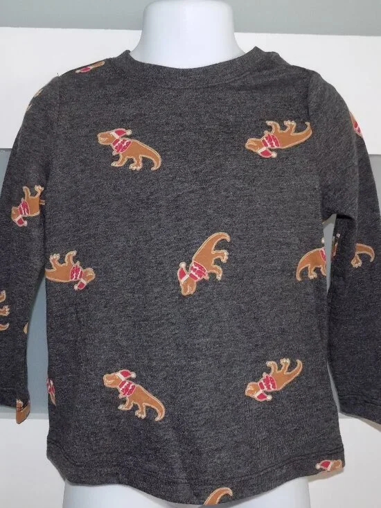 Old Navy Tyrannosaurus T-Rex Christmas Santa Gray LS Shirt Size 2T Boy's NEW