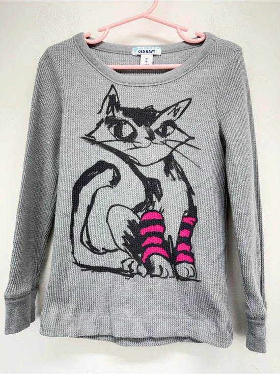 Old Navy size XS Girls Gray Black Cat Long Sleeve Thermal Waffle Knit Top