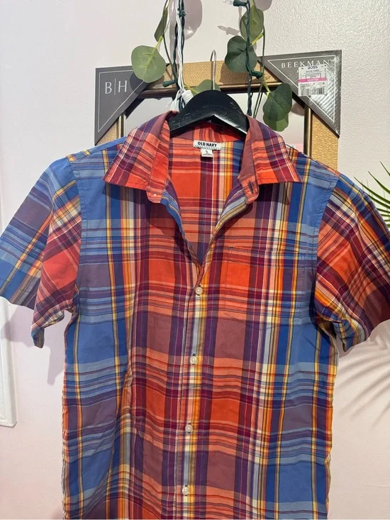 Old Navy Men's Red, Blue & Orange Plaid Short-Sleeve Button-Down Shirt