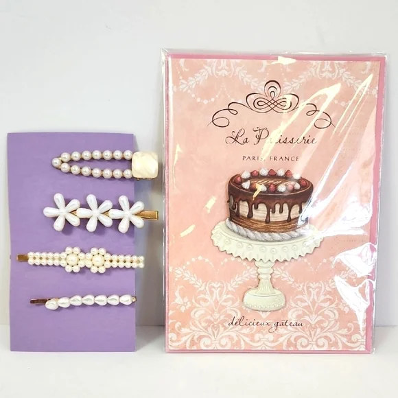 Pearl Cake Birthday Card + Set Of 4x (four) Hair Clips Burgoyne KJS Industrie