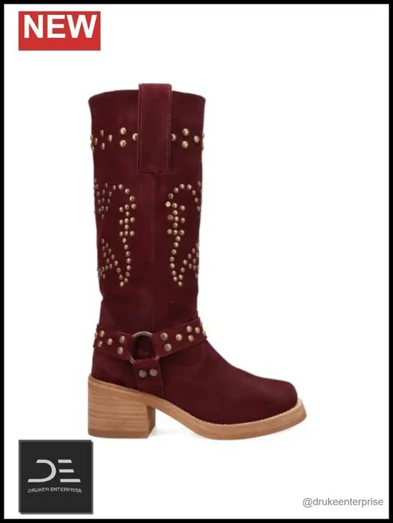 Studded Round Toe Pull On Knee High Boots Suede