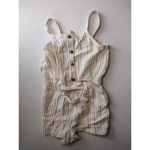 Old Navy‎ Girls Linen Blend Striped Button Front Romper Cream Multi Color Size S