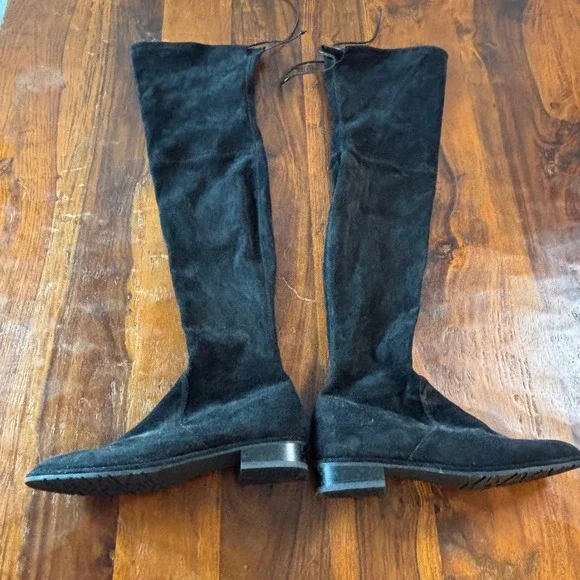 Stuart Weitzman Lowland Black Suede Over the Knee Boots‎ Womens 9 M Low Heel Tie