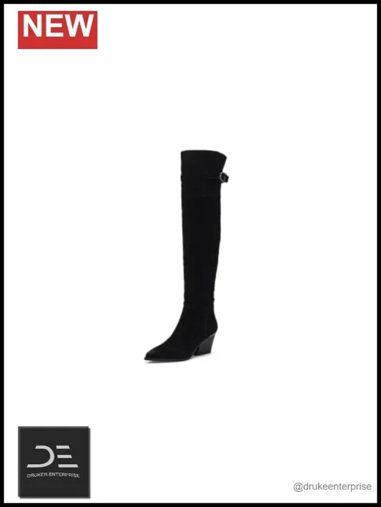 Suede Knee High Wedge Boots with G-Buckle Detail