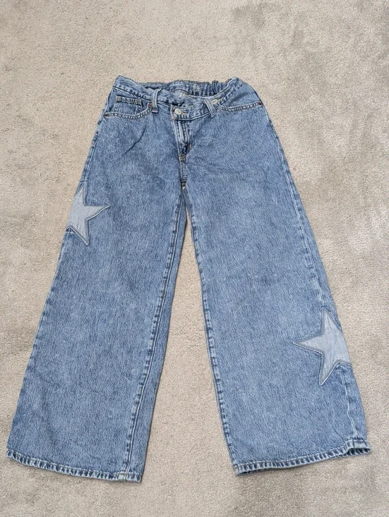 Wide Leg Super Baggy Star Appliqué Girls Jeans - Light Blue