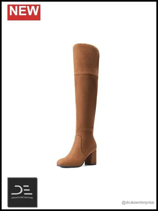 KPZ Women's Thigh High Stretch Suede Heeled Boots Round Toe