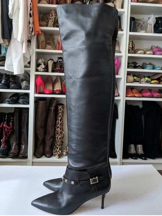 Valentino Garavani Black Leather Over The Knee OTK Rockstud Boots