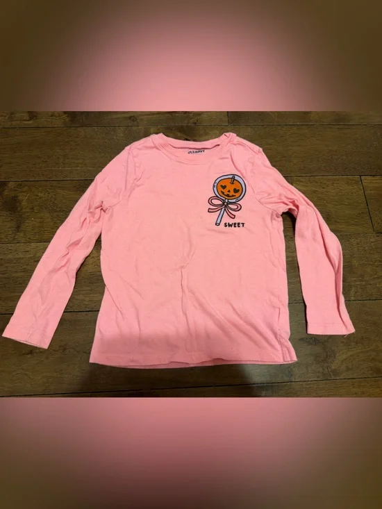Old Navy Pink Long Sleeve Tee with Pumpkin Lollipop Graphic