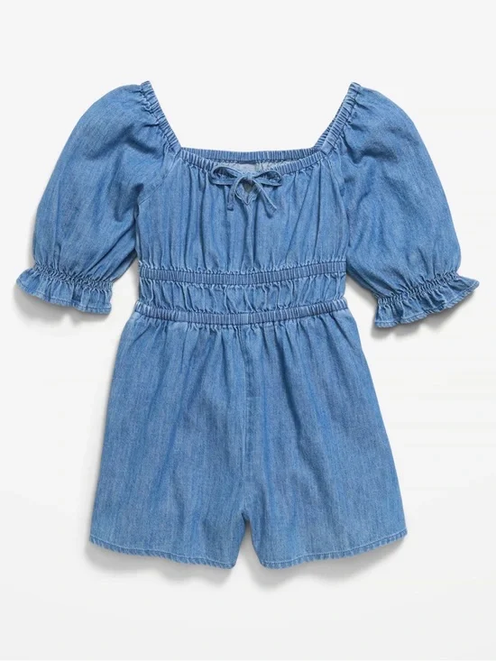 Girls' Blue Denim Chambray Romper - Sz 6/7