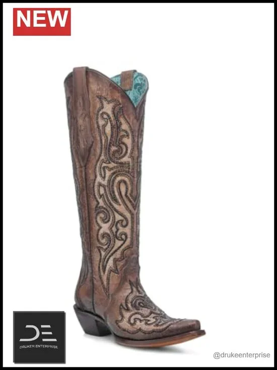 Crackled Crystal Rhinestone Embroidered Snip Toe Pull On Cowboy Heeled Boots