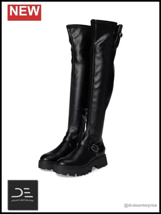 Over-the-Knee Boots Chunky Sole Buckle Detail Zipper Closure Mid-Calf
