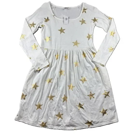 Old Navy Girl's Dress Long Sleeve Fit Flare Pockets Stars Cream Gold 14/16 Q176