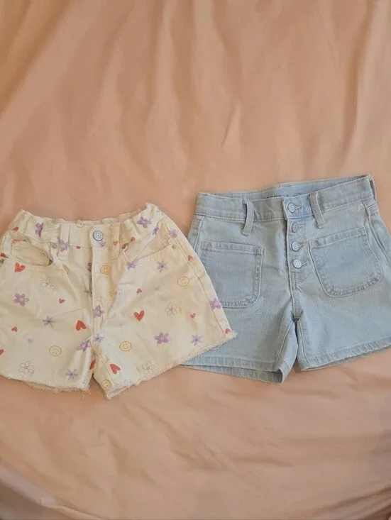 Girls' Printed Cream & Light Blue Denim Shorts Set
