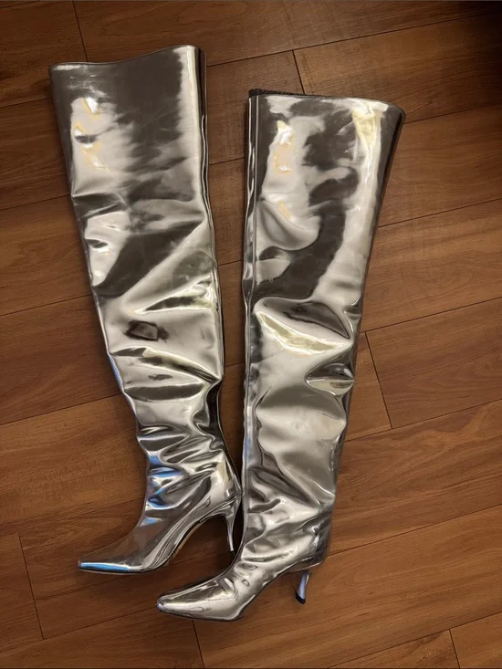 BY FAR Silver Over-the-Knee Stiletto Boots - Women's Fashion Knee-High Boots